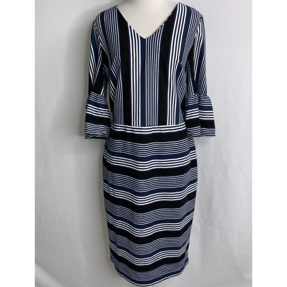 ECI Navy Blue &White Striped Bell Cuff Career Dressy Dress 6 NWT